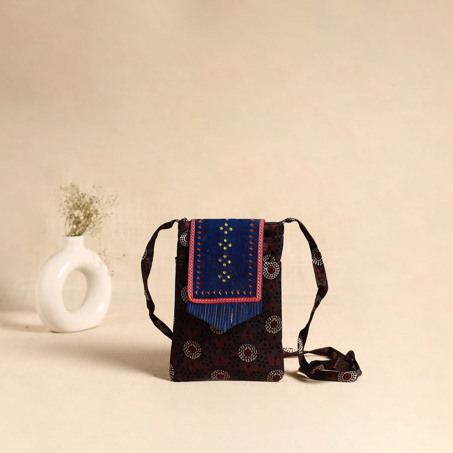 Traditional Kutch Mashru Silk Leather Flap Sling Bag 68