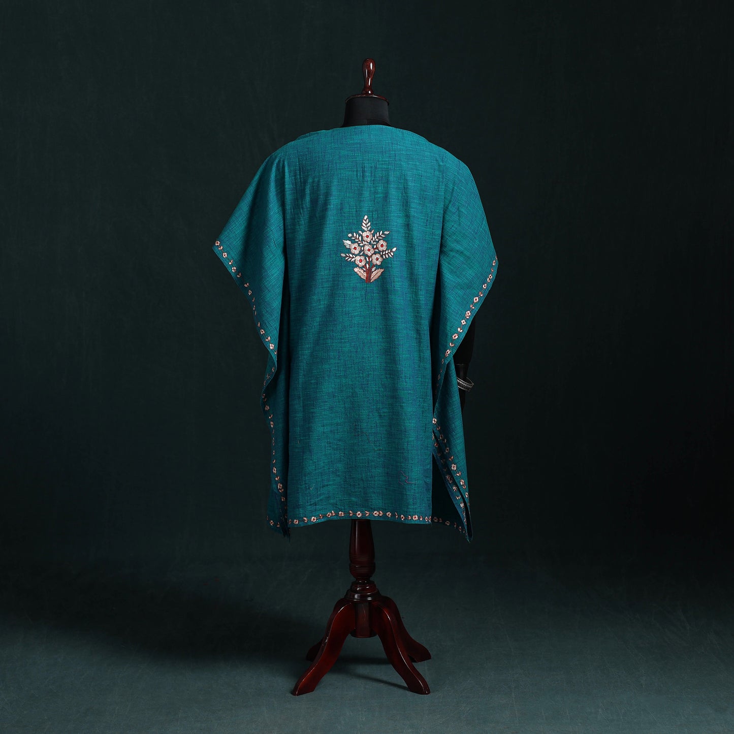 Blue - Kashmiri Kashida Hand Embroidered Cotton Kaftan (Medium) 03