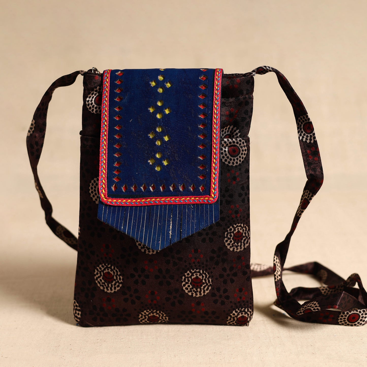 Traditional Kutch Mashru Silk Leather Flap Sling Bag 68