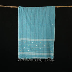 Blue - Burdwan Jamdani Handloom Cotton Stole with Tassels 17