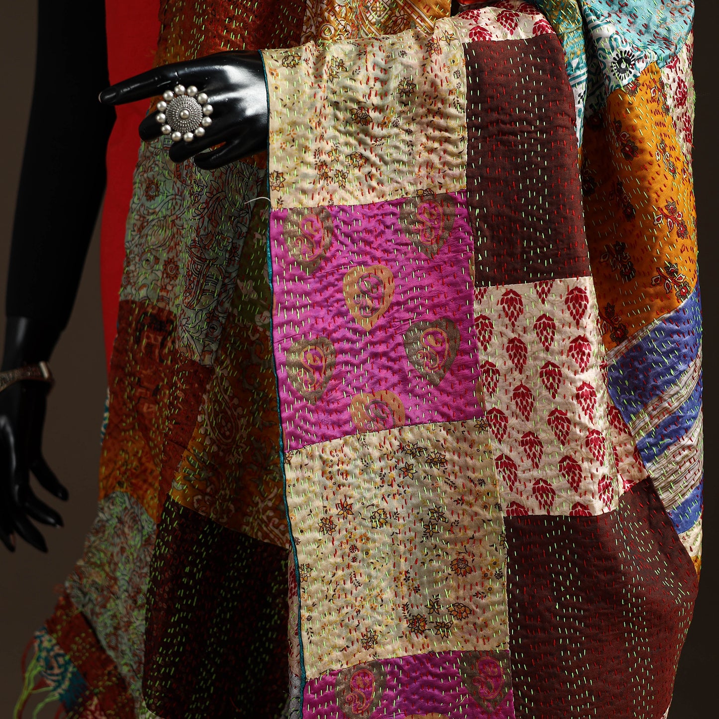 Multicolor - Bengal Hand Embroidery Patchwork Reversible Silk Kantha Dupatta 48