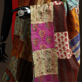 Multicolor - Bengal Hand Embroidery Patchwork Reversible Silk Kantha Dupatta 48
