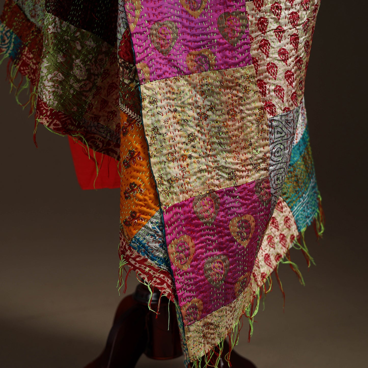 Multicolor - Bengal Hand Embroidery Patchwork Reversible Silk Kantha Dupatta 48