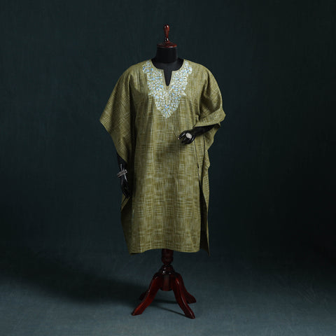 Green - Kashmiri Kashida Hand Embroidered Cotton Kaftan (Medium) 04