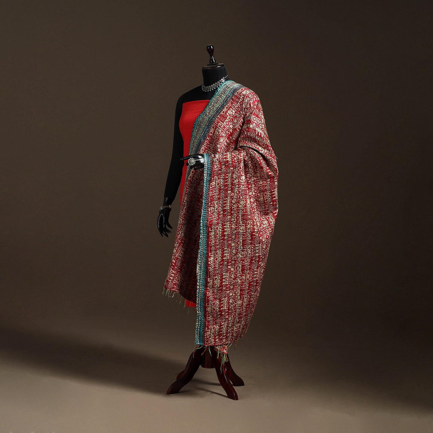 Multicolor - Bengal Hand Embroidery Patchwork Reversible Silk Kantha Dupatta 48