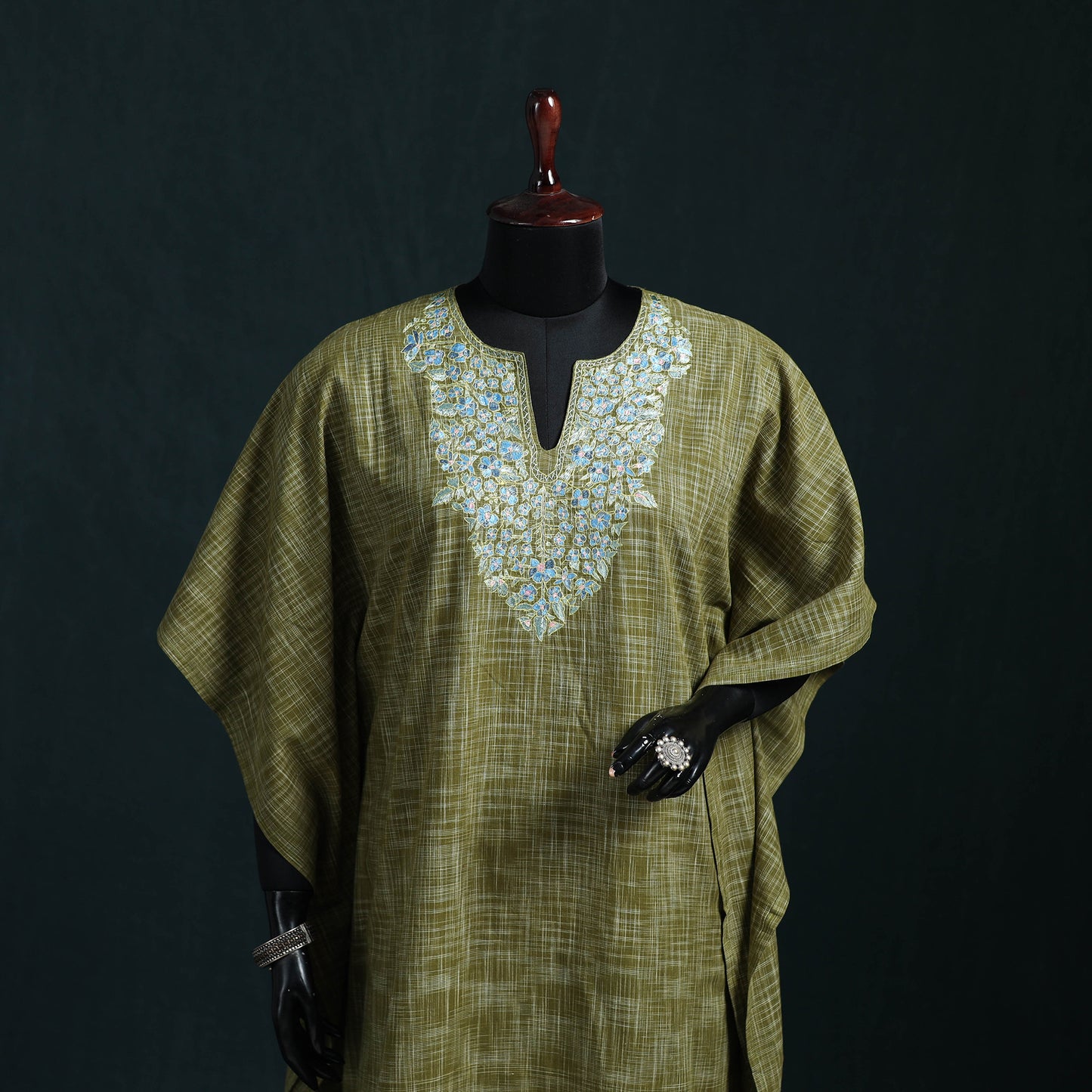 Green - Kashmiri Kashida Hand Embroidered Cotton Kaftan (Medium) 04