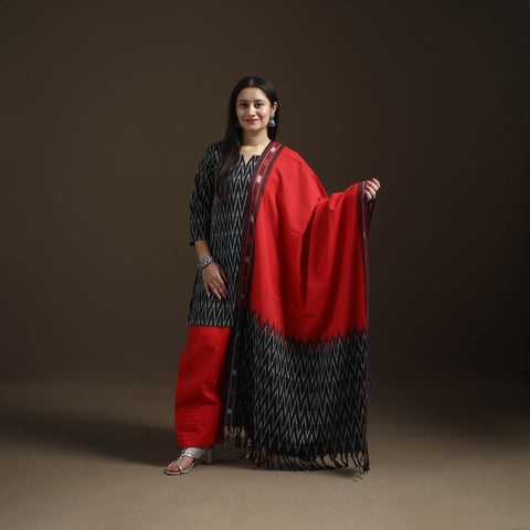 Black - Pochampally Ikat Cotton Short Kurta with Farsi Salwar & Dupatta Suit Set for Women 05