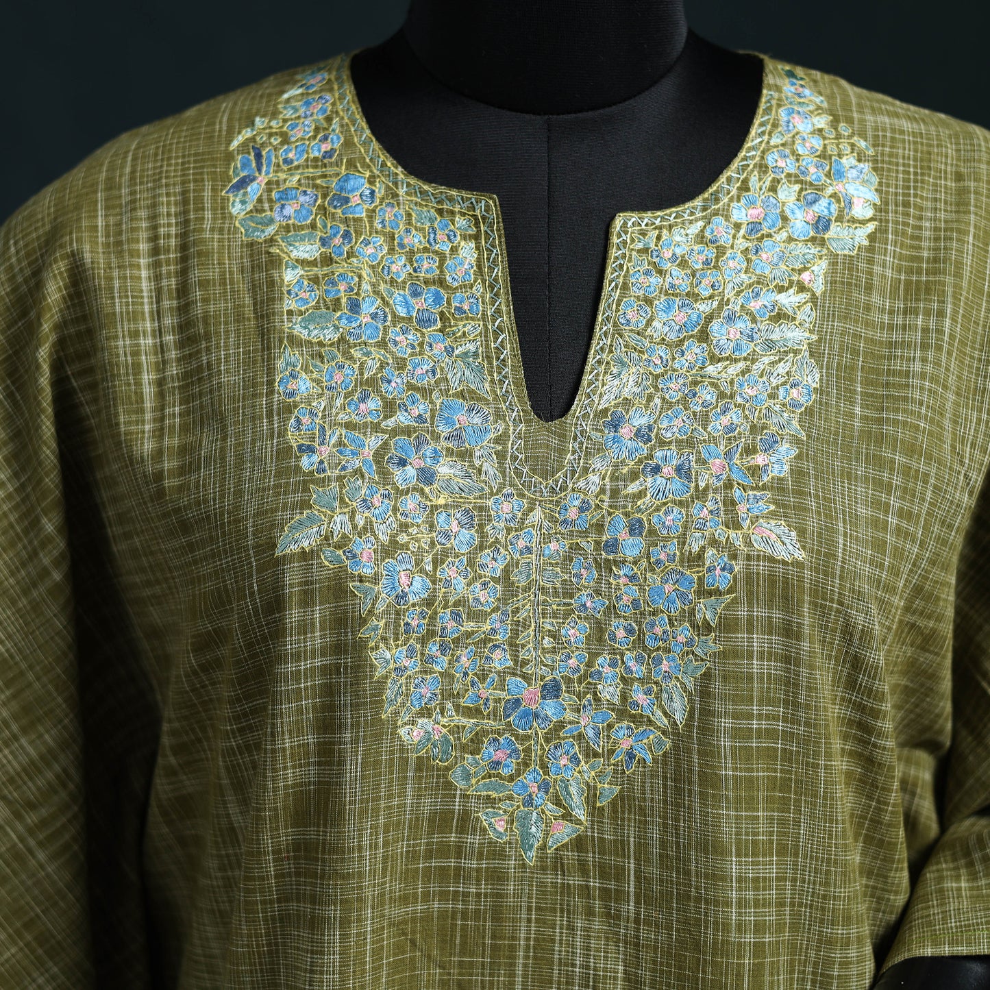 Green - Kashmiri Kashida Hand Embroidered Cotton Kaftan (Medium) 04