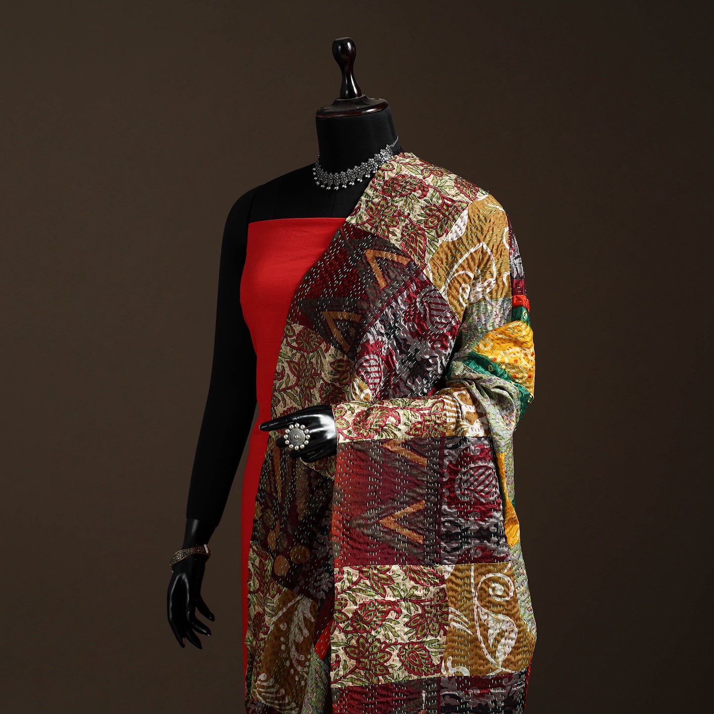 Bengal Hand Embroidery Patchwork Reversible Silk Kantha Dupatta 49