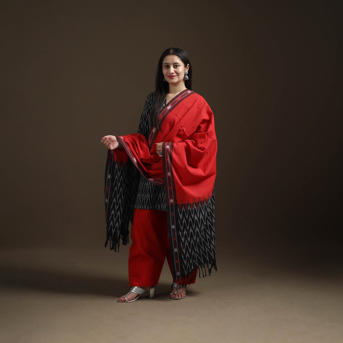 Black - Pochampally Ikat Cotton Short Kurta with Farsi Salwar & Dupatta Suit Set for Women 05