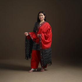 Black - Pochampally Ikat Cotton Short Kurta with Farsi Salwar & Dupatta Suit Set for Women 05
