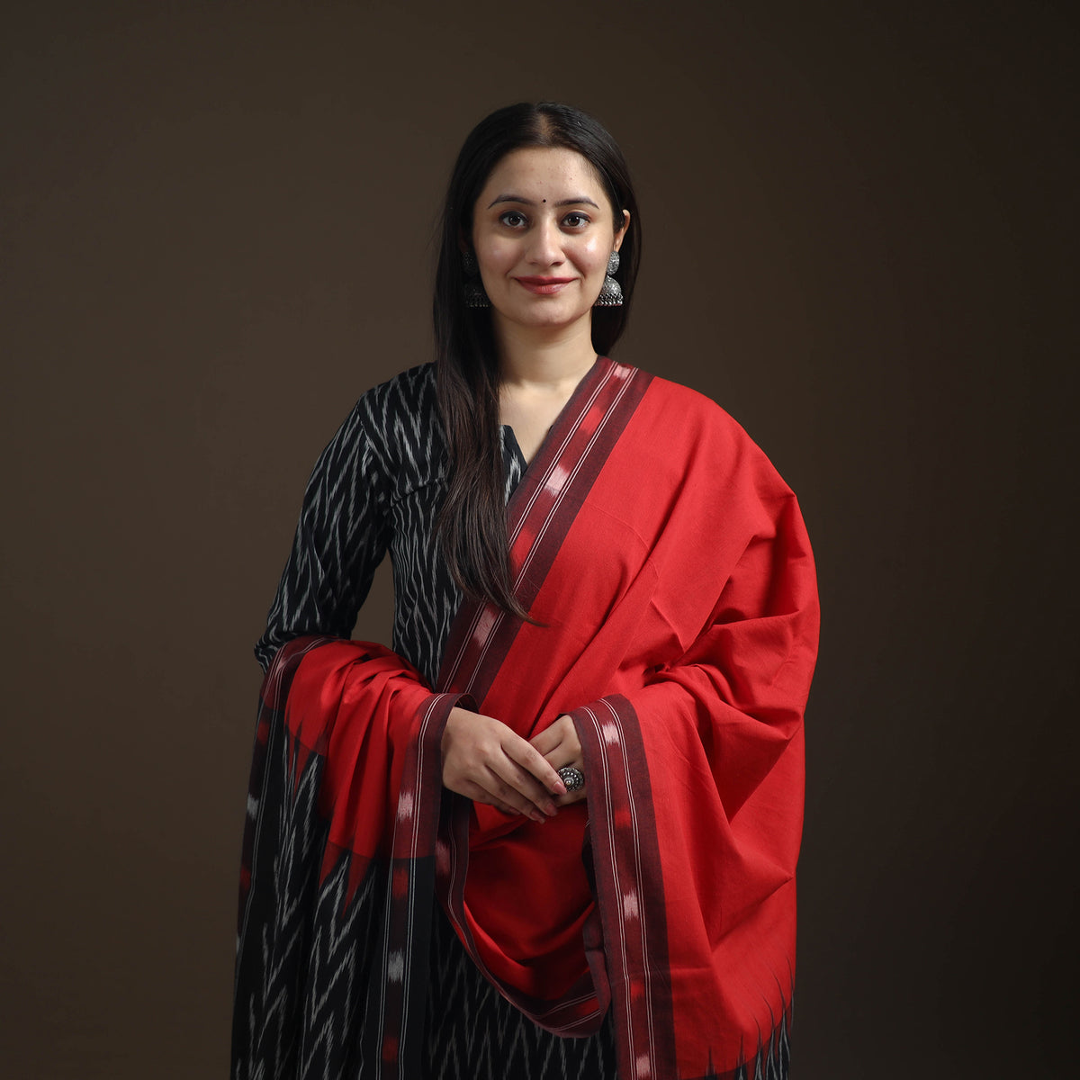 Black - Pochampally Ikat Cotton Short Kurta with Farsi Salwar & Dupatta Suit Set for Women 05