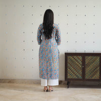 Blue - Block Printed Cotton Gota Work Long Sanganeri Kurta 04