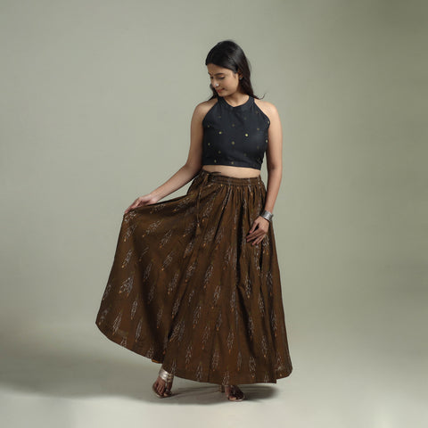 Brown - Pochampally Ikat 24 Kali Cotton Long Skirt 01