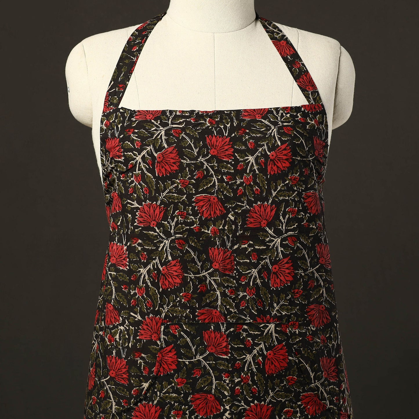 Black Bagru Block Print Cotton Apron with Pocket