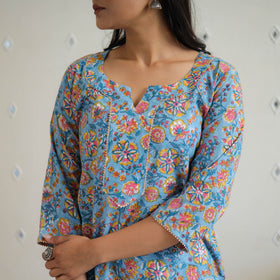 Blue Block Printed Cotton Gota Work Long Sanganeri Kurta for Women