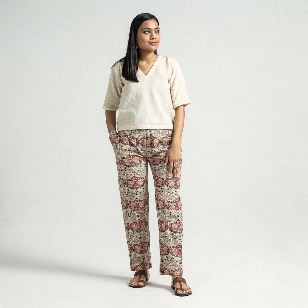 Beige - Kalamkari Block Printed Cotton Elasticated Pant