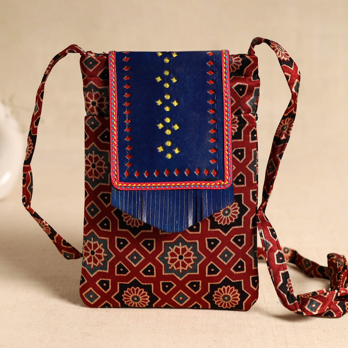 Traditional Kutch Mashru Silk Leather Flap Sling Bag 70