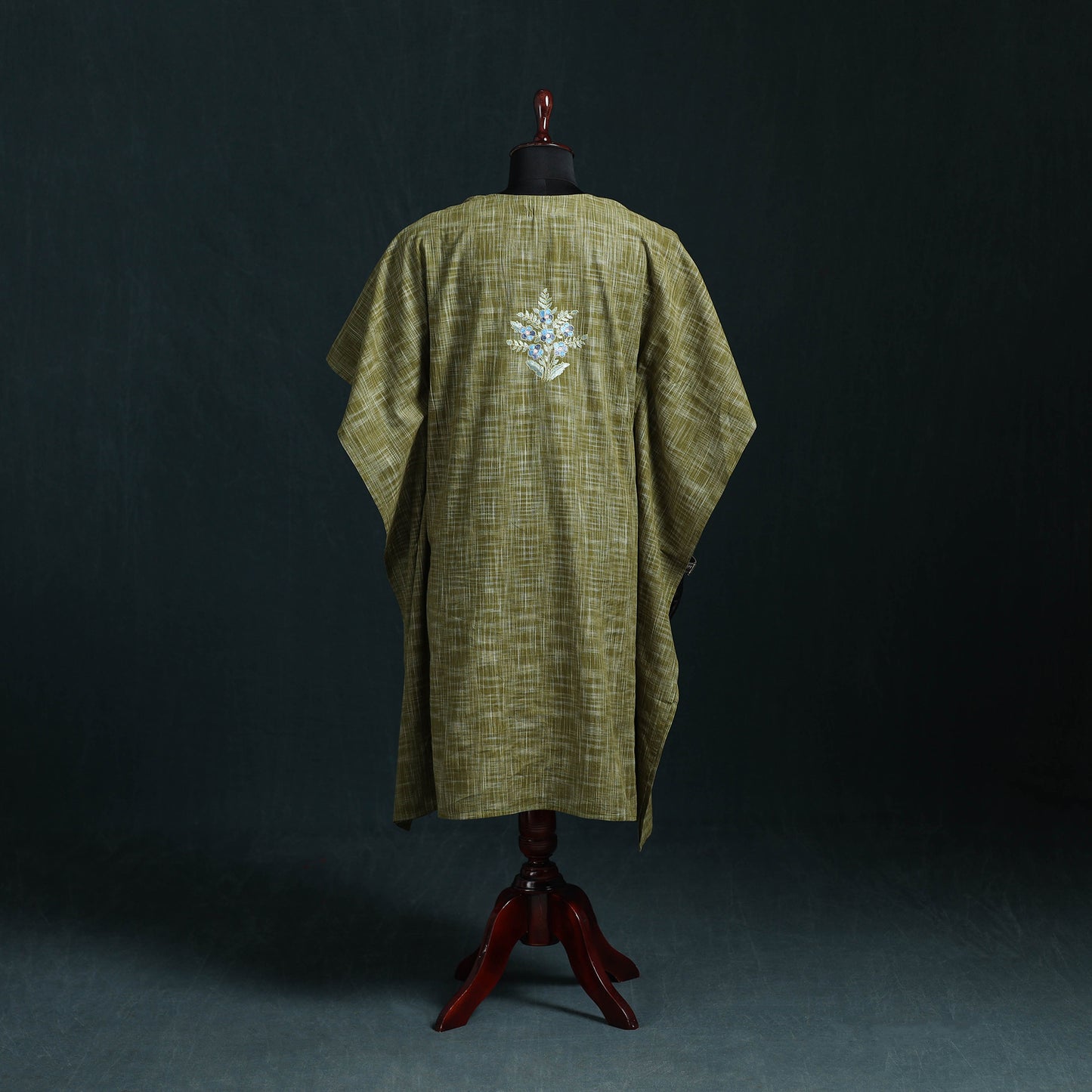 Green - Kashmiri Kashida Hand Embroidered Cotton Kaftan (Medium) 04