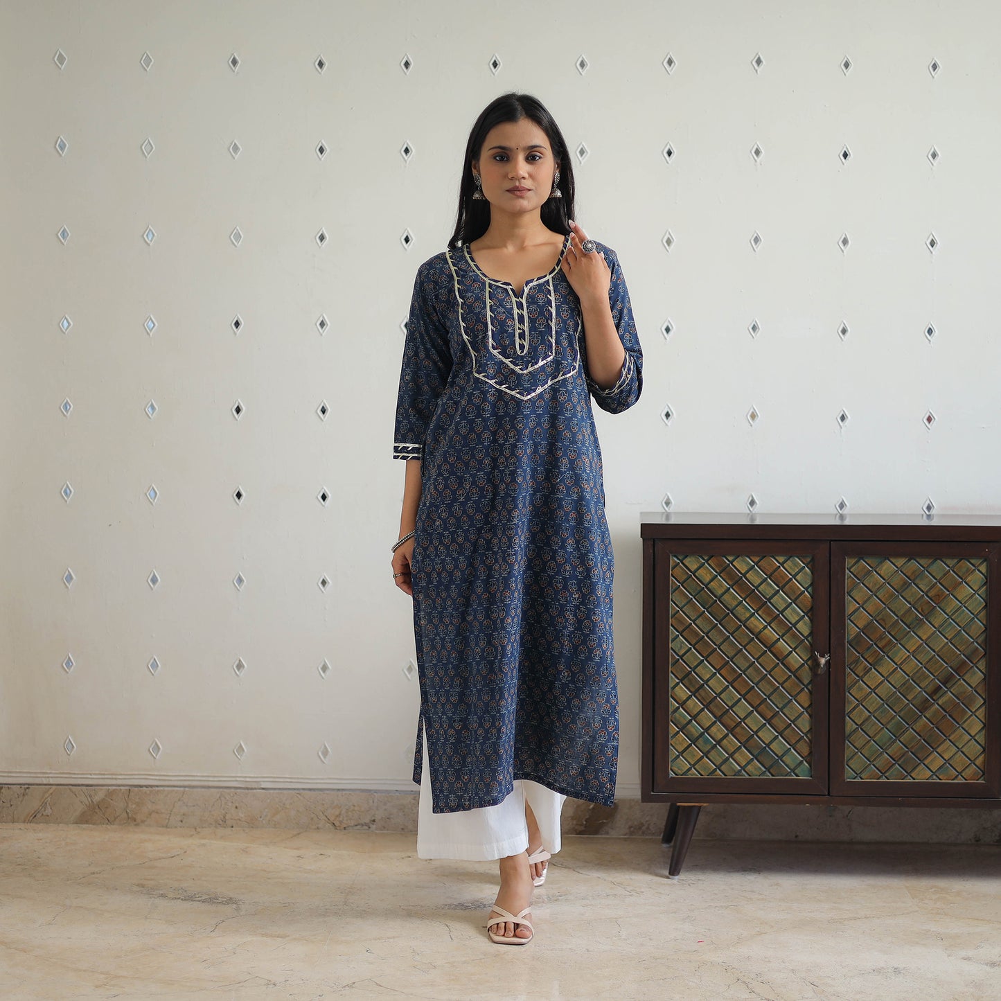 Blue - Block Printed Cotton Gota Work Long Ajrakh Kurta 10