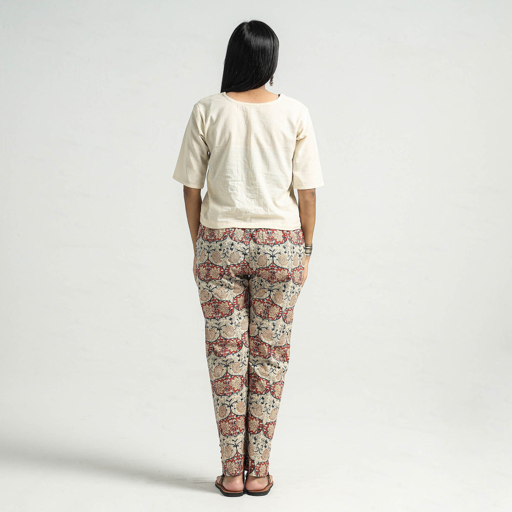 Beige - Kalamkari Block Printed Cotton Elasticated Pant