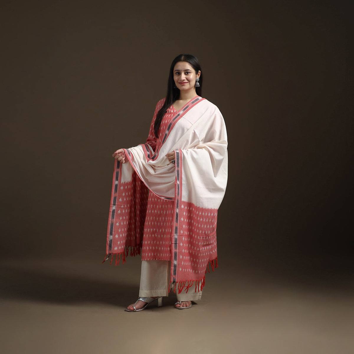 Pochampally Ikat Cotton Long Kurta with Palazzo & Dupatta Suit Set for Women 12