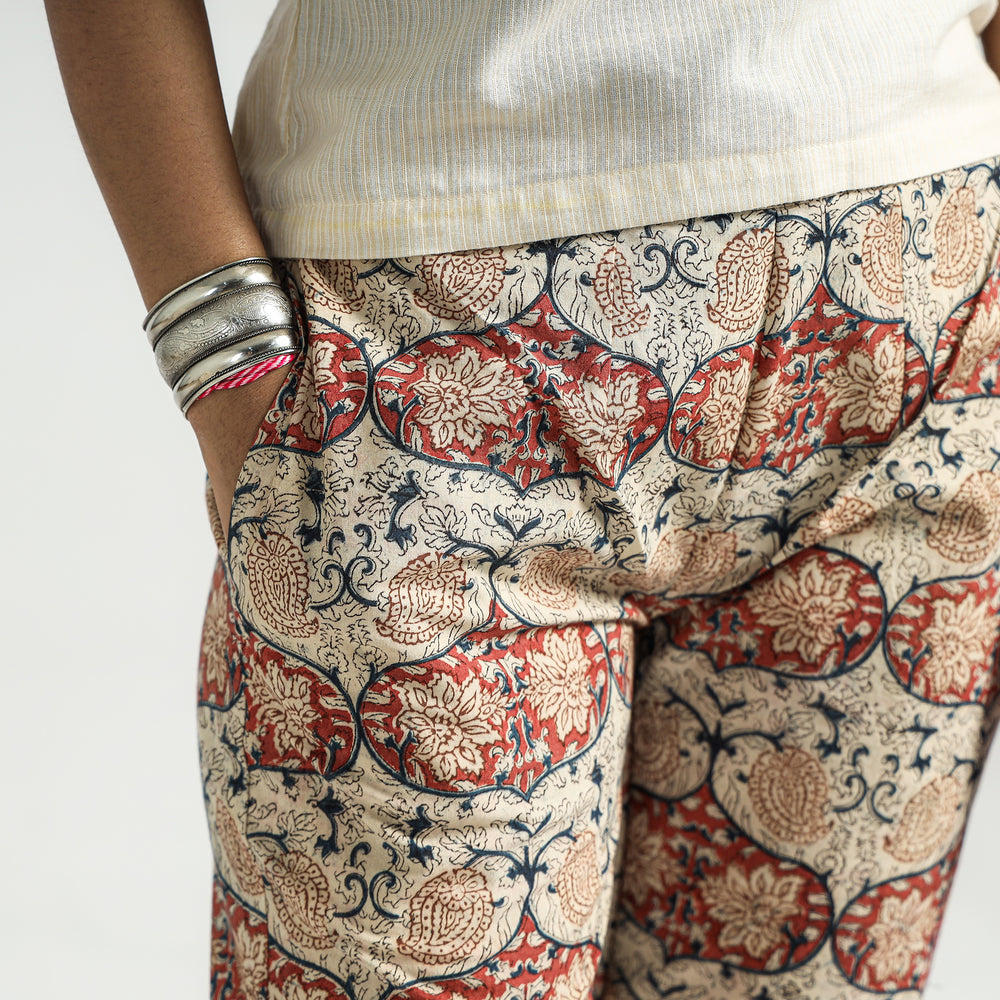 Beige - Kalamkari Block Printed Cotton Elasticated Pant