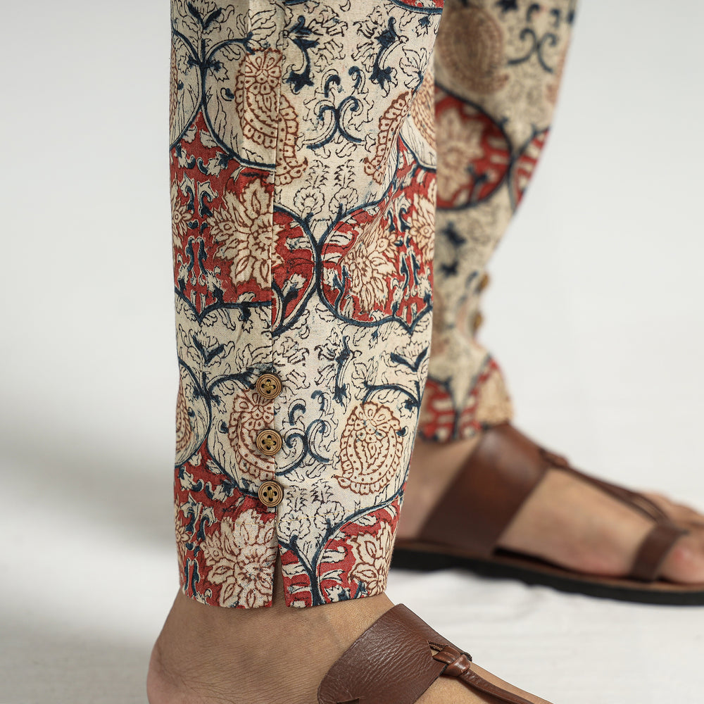 Beige - Kalamkari Block Printed Cotton Elasticated Pant