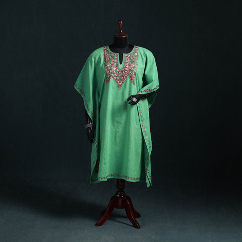 Green - Kashmiri Kashida Hand Embroidered Cotton Kaftan (Medium) 05