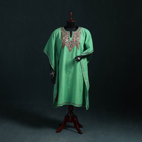 Green - Kashmiri Kashida Hand Embroidered Cotton Kaftan (Medium) 05