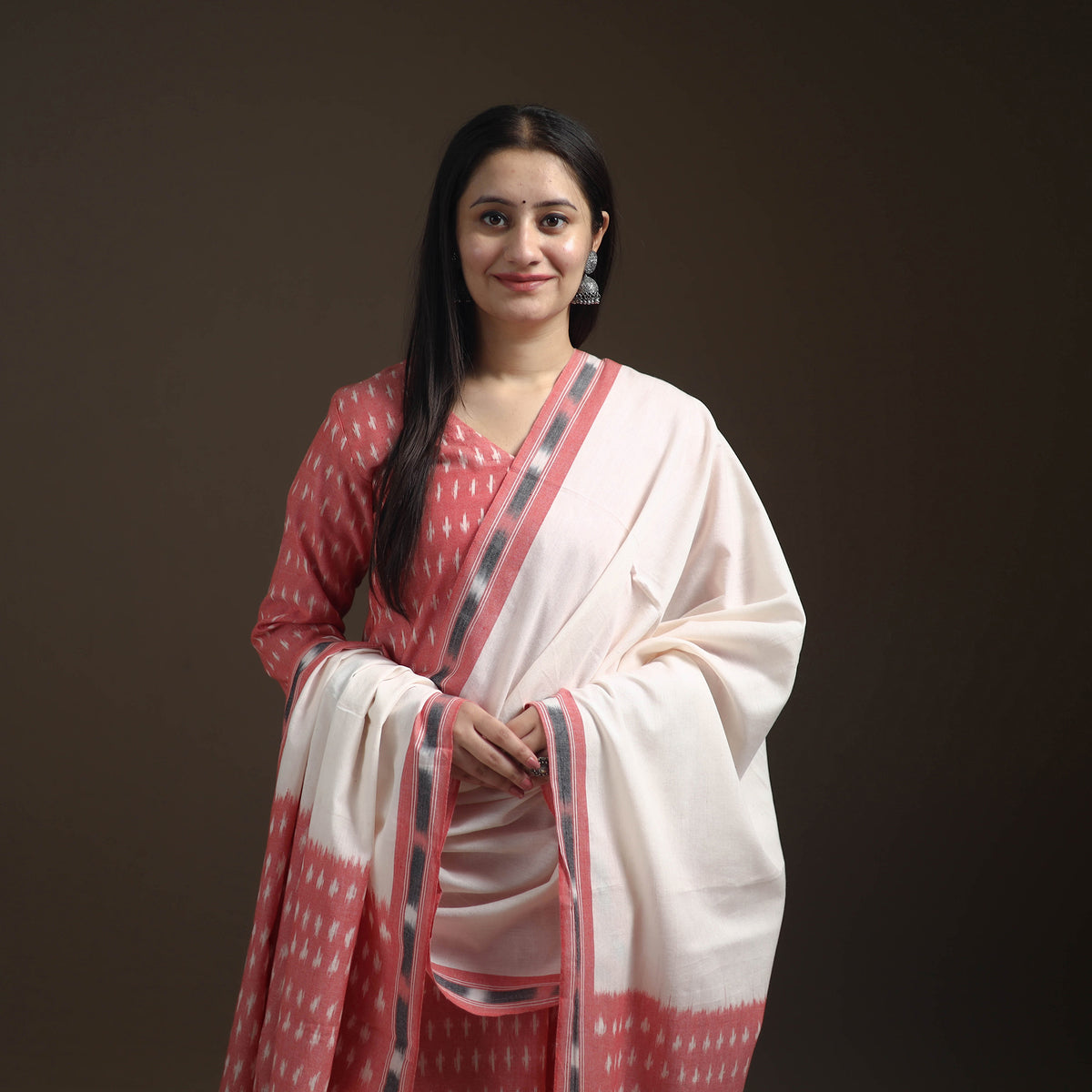 Pochampally Ikat Cotton Long Kurta with Palazzo & Dupatta Suit Set for Women 12