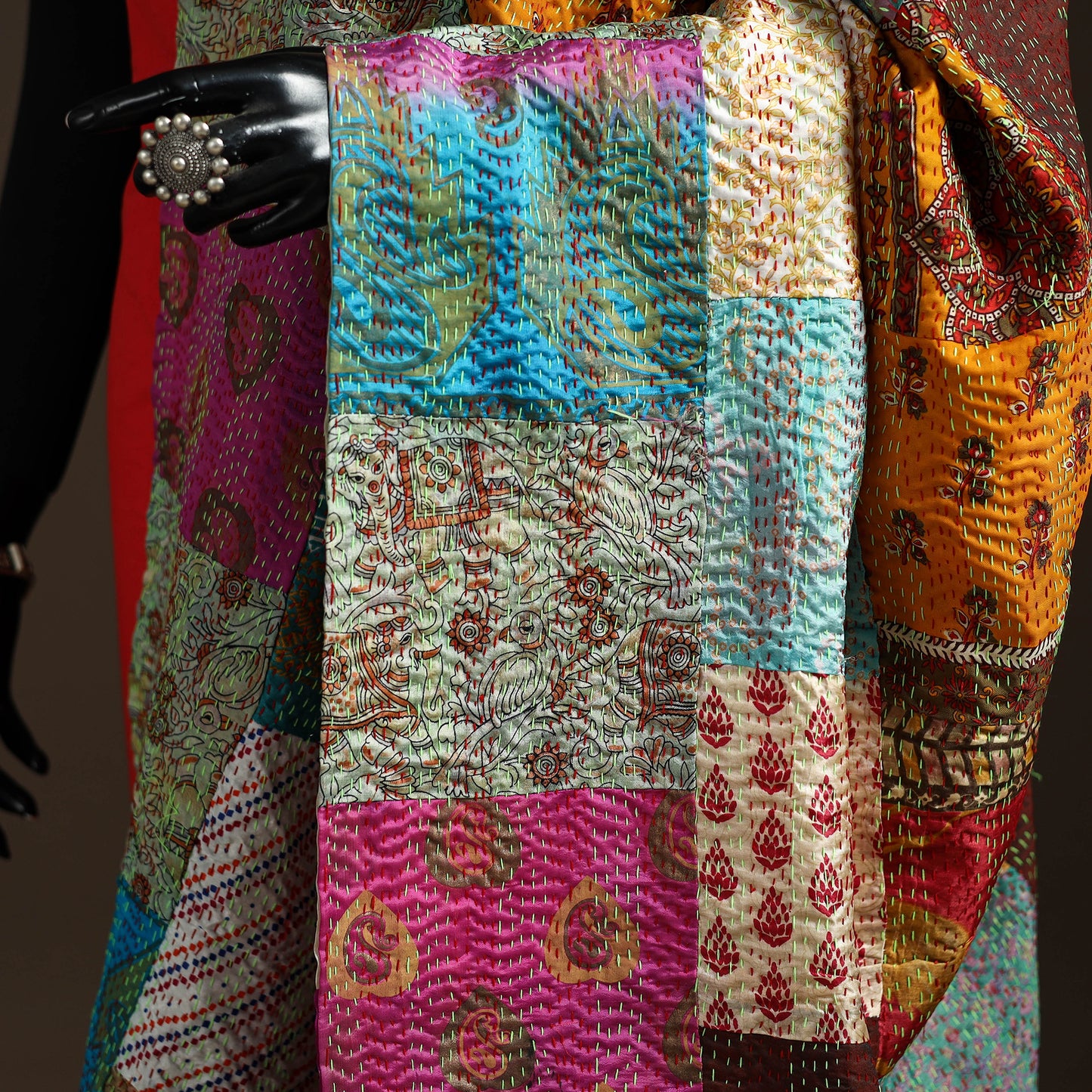 Multicolor - Bengal Hand Embroidery Patchwork Reversible Silk Kantha Dupatta 50