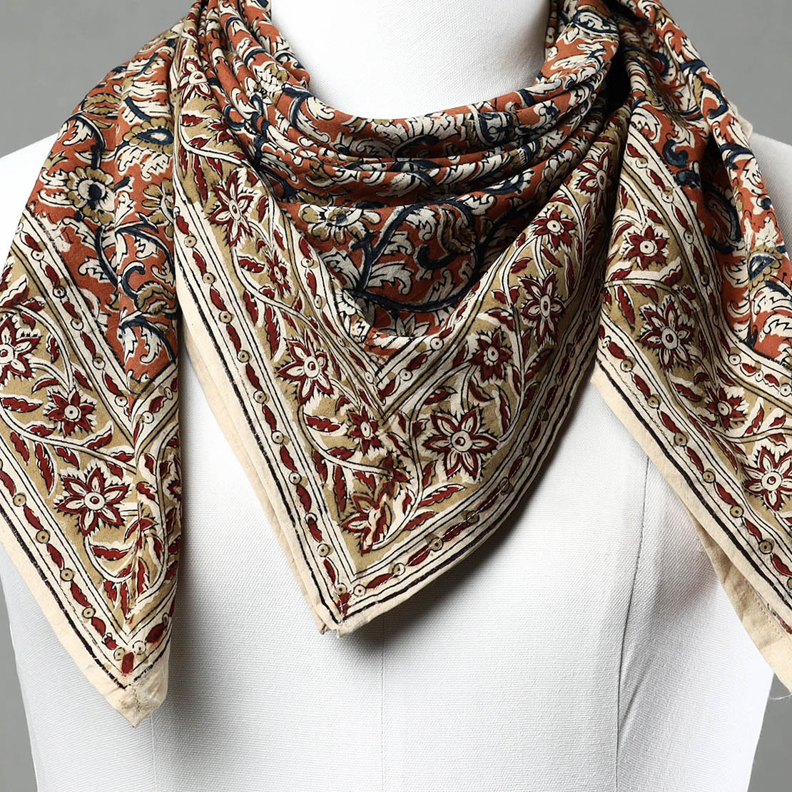 Orange - Pedana Kalamkari Block Printed Natural Dyed Cotton Scarf 36