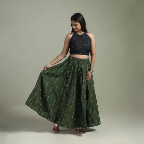Green - Pochampally Ikat 24 Kali Cotton Long Skirt 02