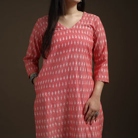Pochampally Ikat Cotton Long Kurta with Palazzo & Dupatta Suit Set for Women 12