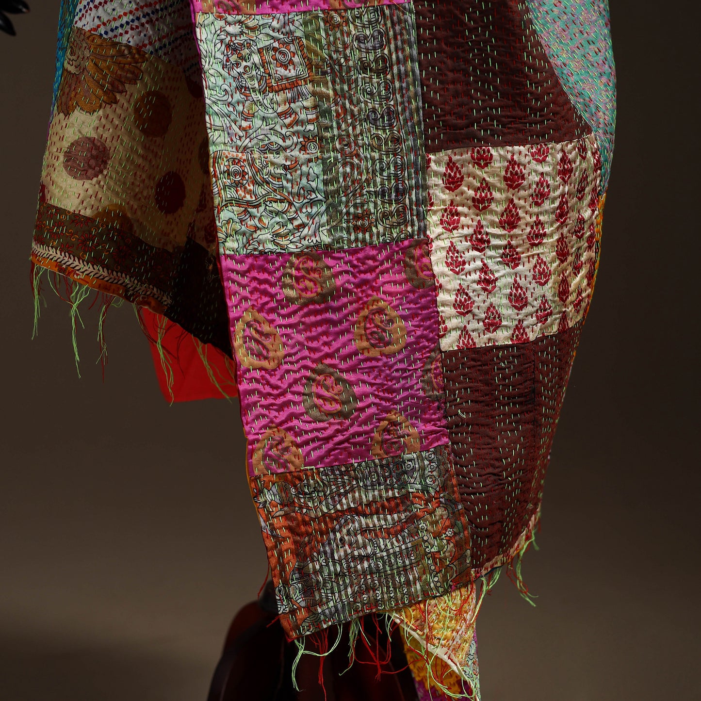 Multicolor - Bengal Hand Embroidery Patchwork Reversible Silk Kantha Dupatta 50