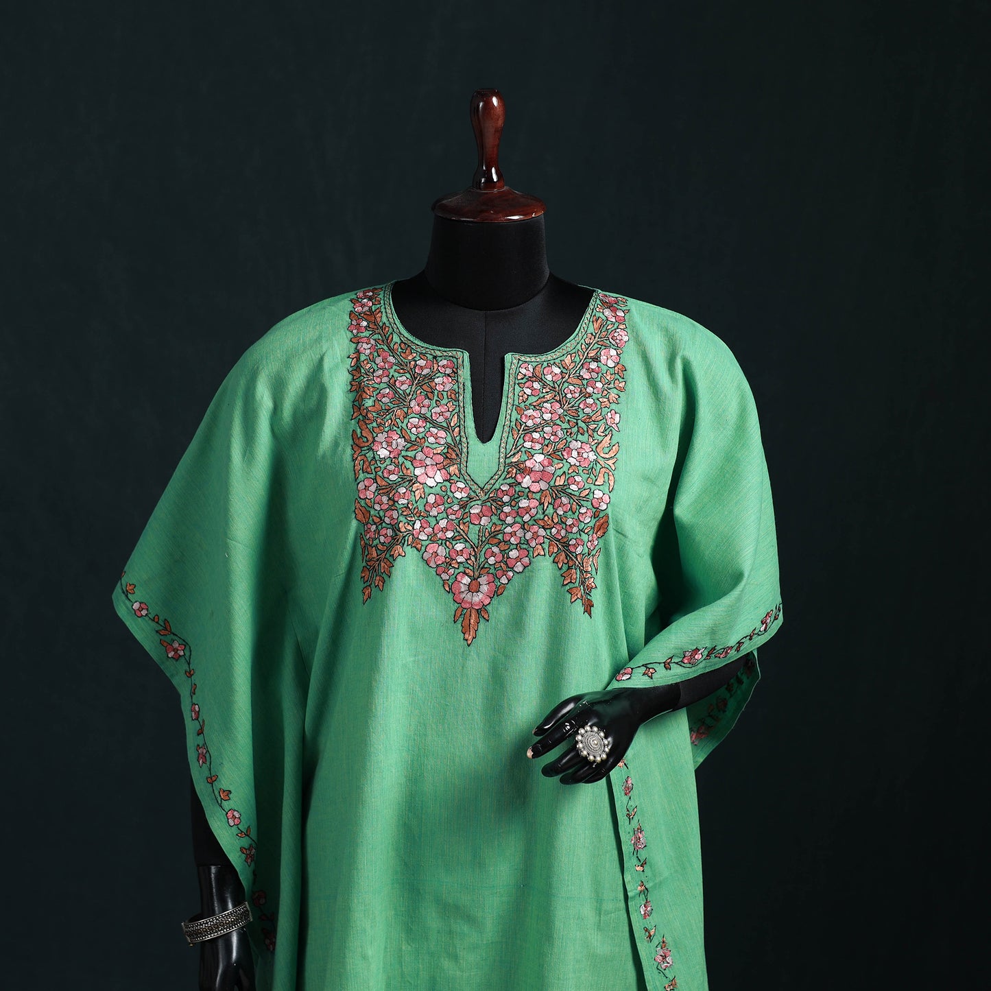 Green - Kashmiri Kashida Hand Embroidered Cotton Kaftan (Medium) 05