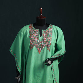 Green - Kashmiri Kashida Hand Embroidered Cotton Kaftan (Medium) 05