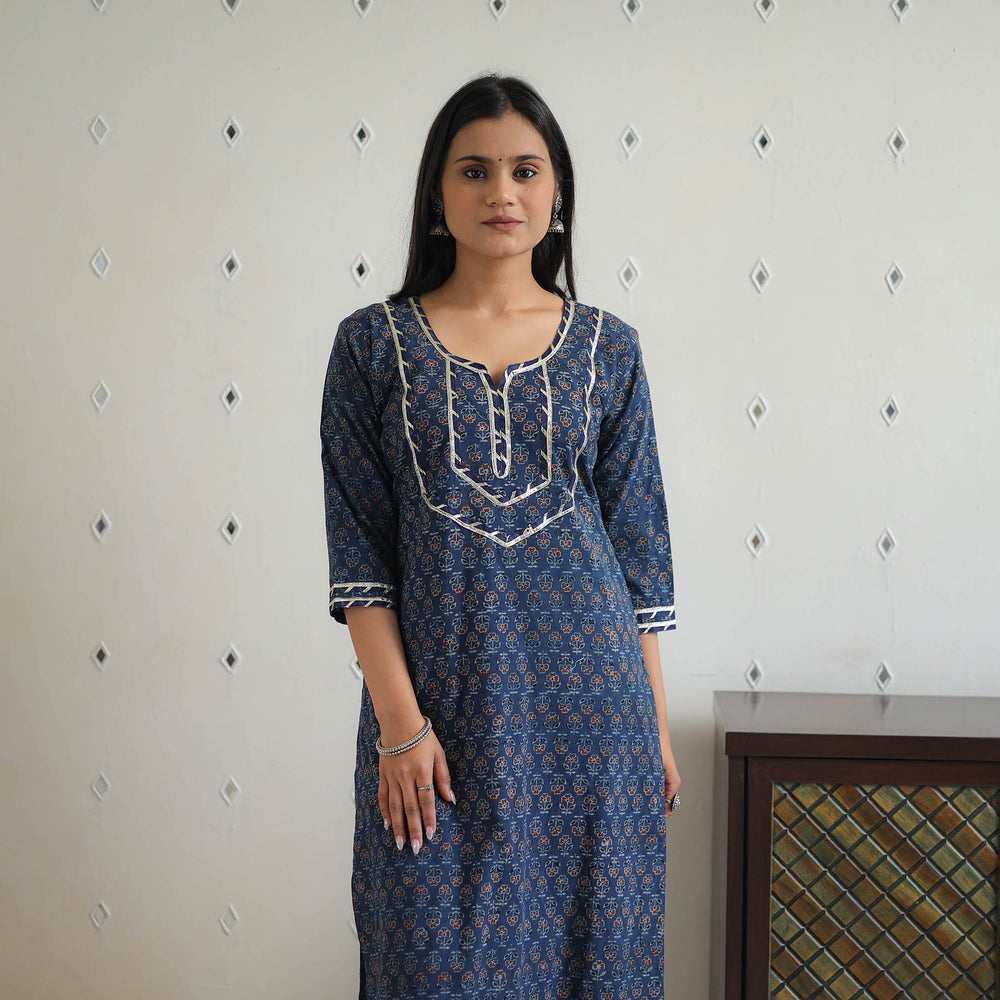 Blue - Block Printed Cotton Gota Work Long Ajrakh Kurta 10