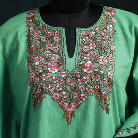 Green - Kashmiri Kashida Hand Embroidered Cotton Kaftan (Medium) 05