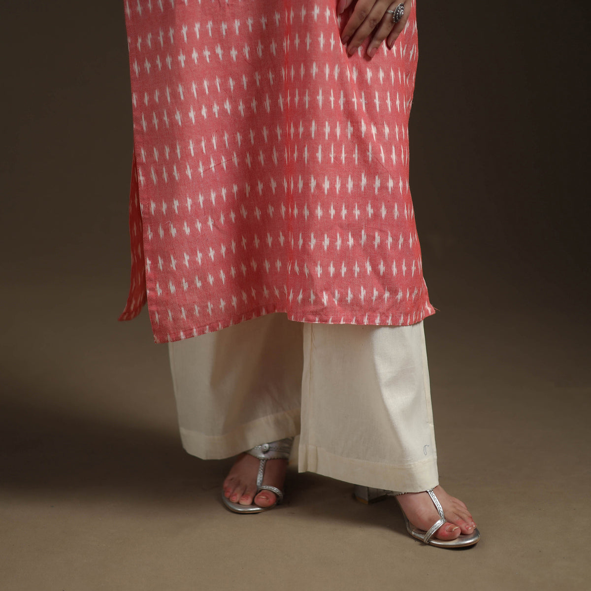 Pochampally Ikat Cotton Long Kurta with Palazzo & Dupatta Suit Set for Women 12