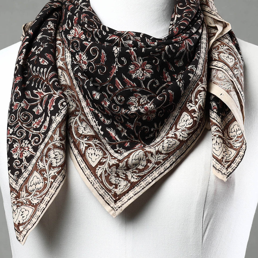 Black - Pedana Kalamkari Block Printed Natural Dyed Cotton Scarf 37