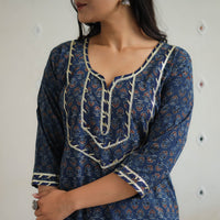 Blue - Block Printed Cotton Gota Work Long Ajrakh Kurta 10