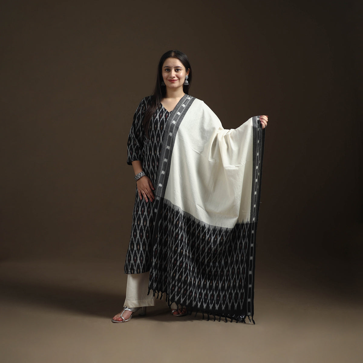 Black - Pochampally Ikat Cotton Long Kurta with Palazzo & Dupatta Suit Set for Women 14