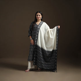 Black - Pochampally Ikat Cotton Long Kurta with Palazzo & Dupatta Suit Set for Women 14