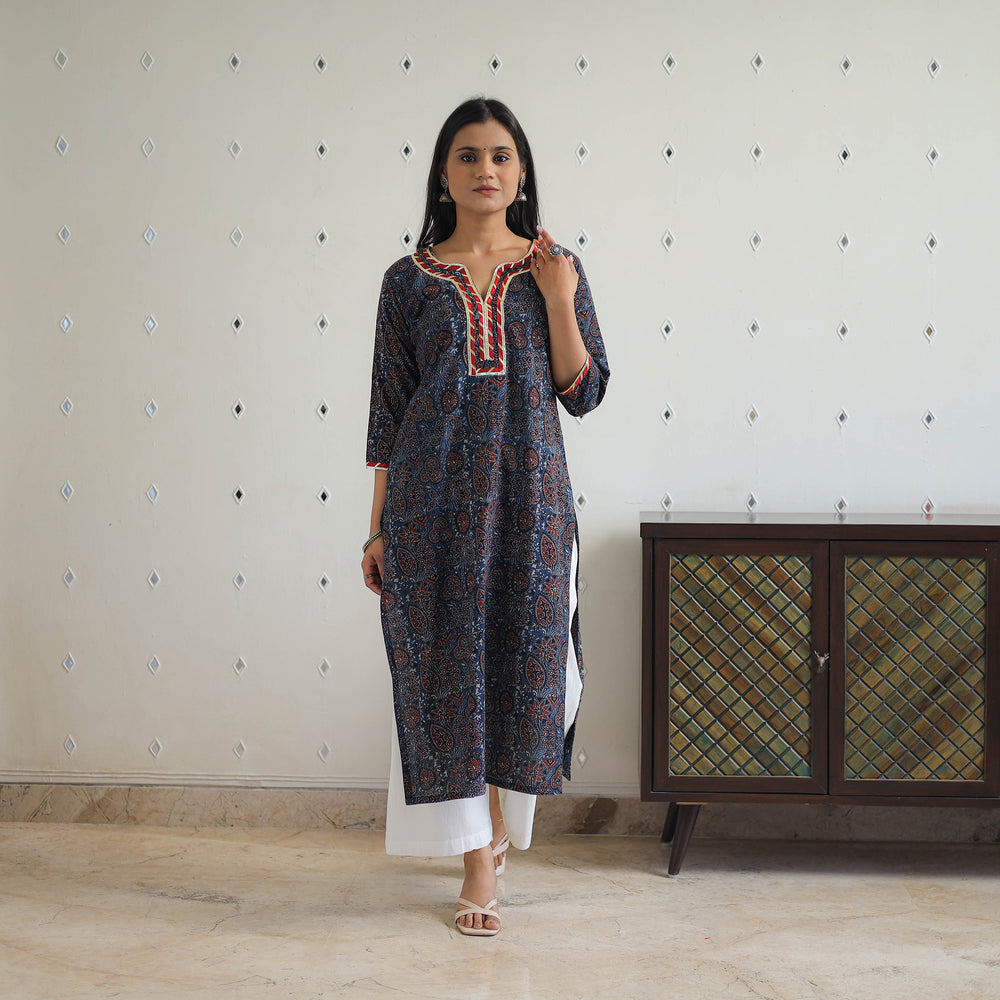 Blue - Block Printed Cotton Gota Work Long Ajrakh Kurta 14