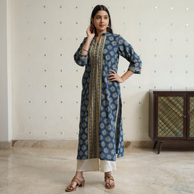 Ajrakh Block Print Cotton Straight Kurta with Patch for Women