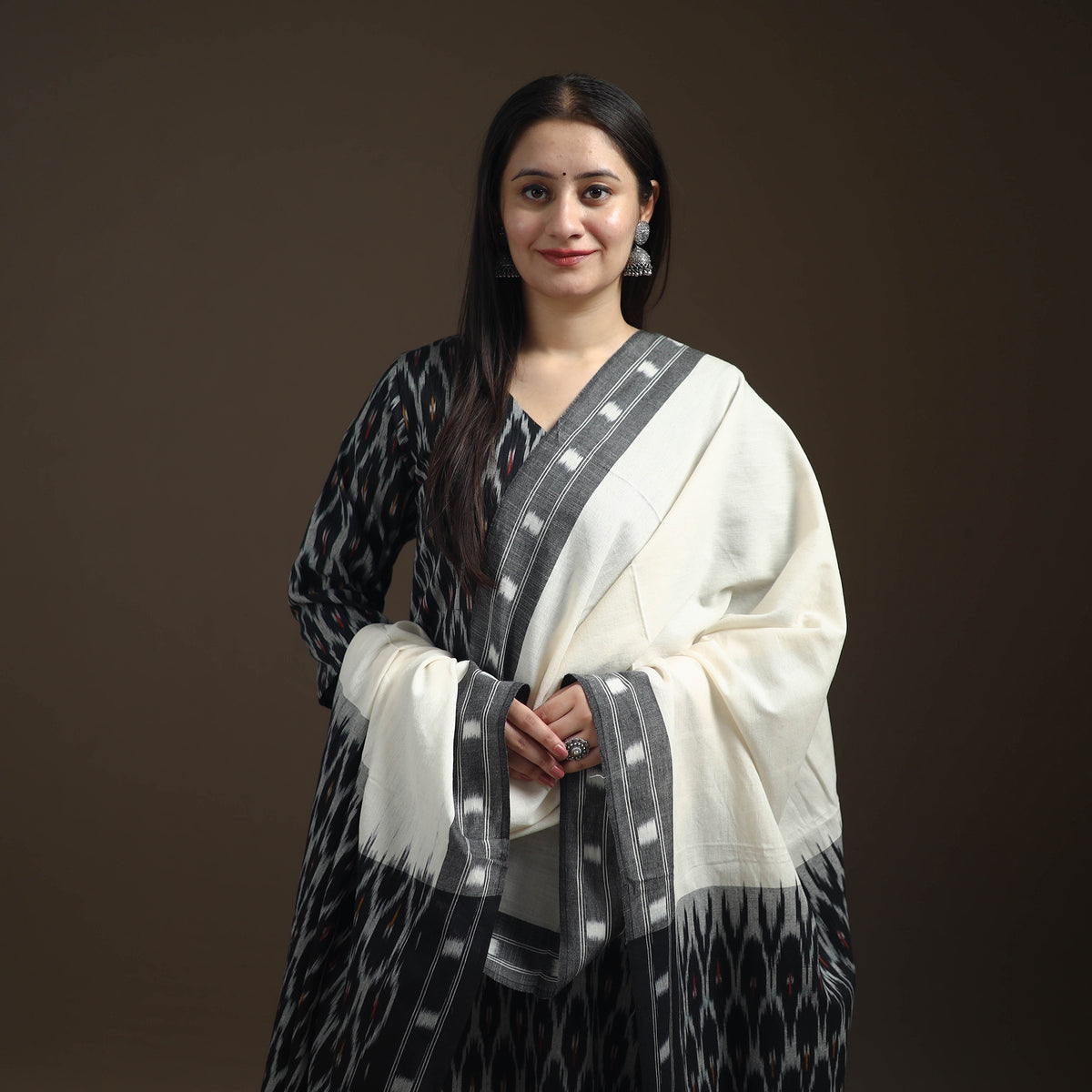 Black - Pochampally Ikat Cotton Long Kurta with Palazzo & Dupatta Suit Set for Women 14