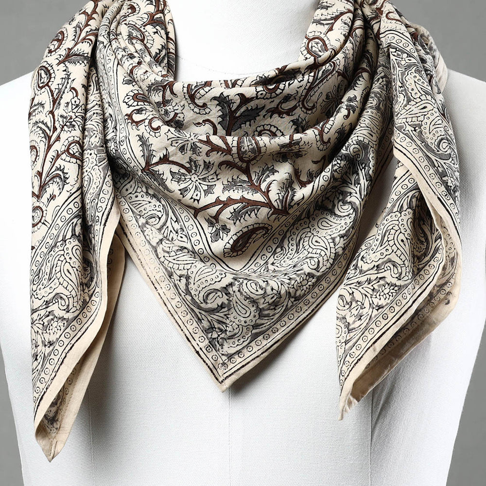 Beige - Pedana Kalamkari Block Printed Natural Dyed Cotton Scarf 39