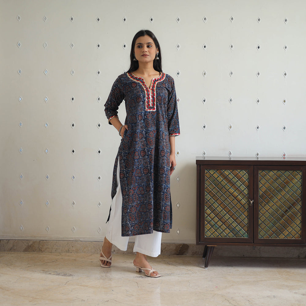 Blue - Block Printed Cotton Gota Work Long Ajrakh Kurta 14